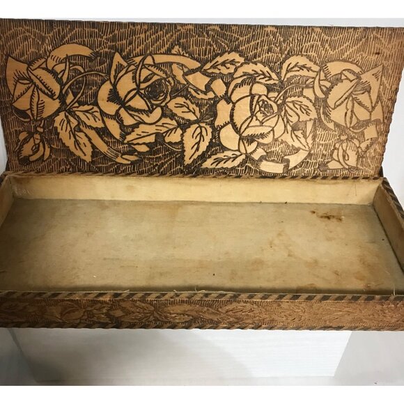 Wooden Trinket Scarf Box Vintage Hand Carved Floral Design Wood Burning Rustic - Picture 16 of 16